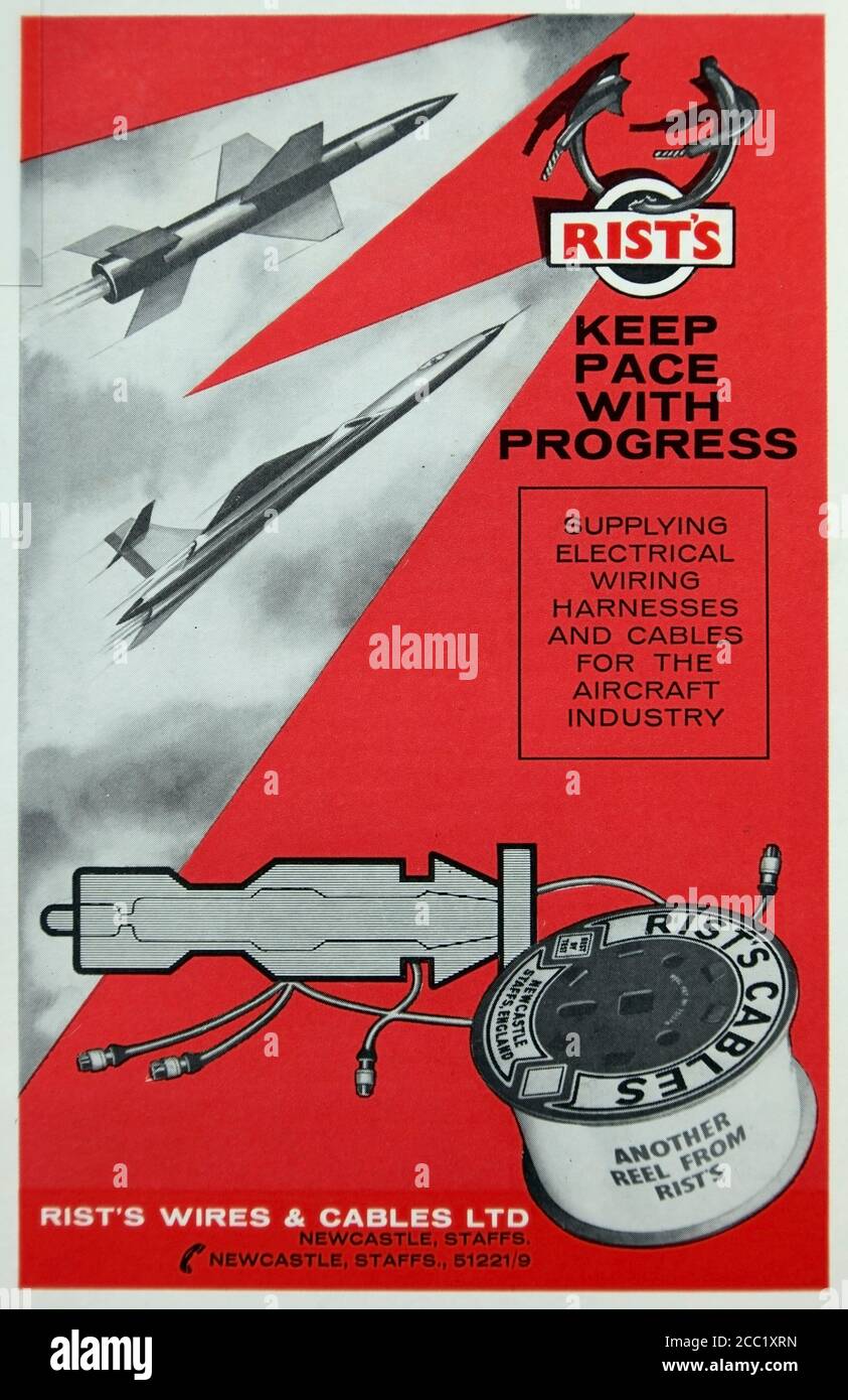 Pubblicità Vintage 1942 per fili e cavi British Rist utilizzati nel settore aeronautico. Foto Stock