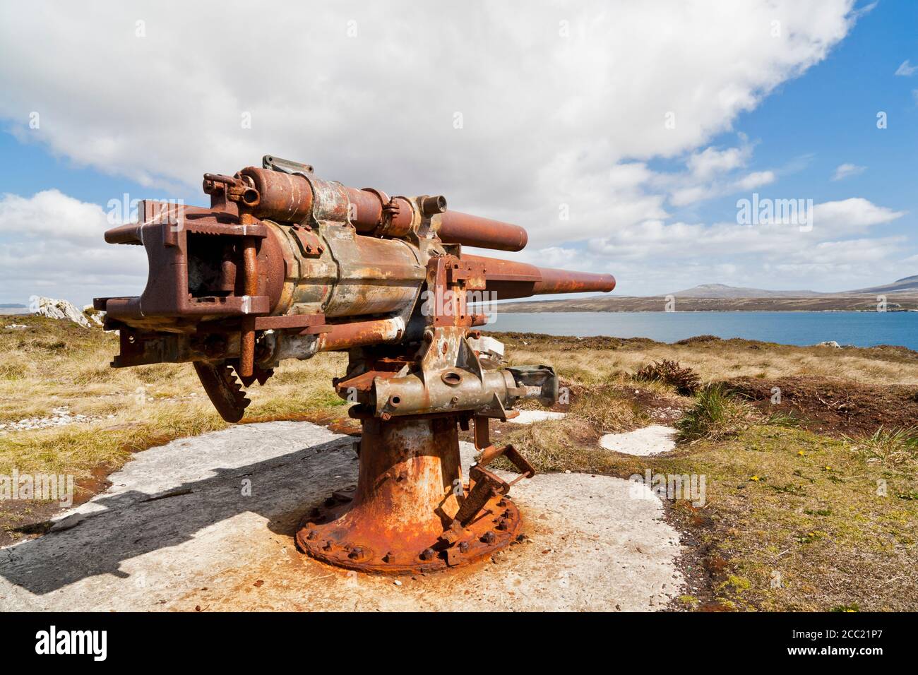 Atlantico meridionale, Regno Unito, territori d'oltremare britannici, Falkland orientale, Isole Falkland, Falklands, Port Stanley, Stanley, Vista della vecchia pistola Foto Stock