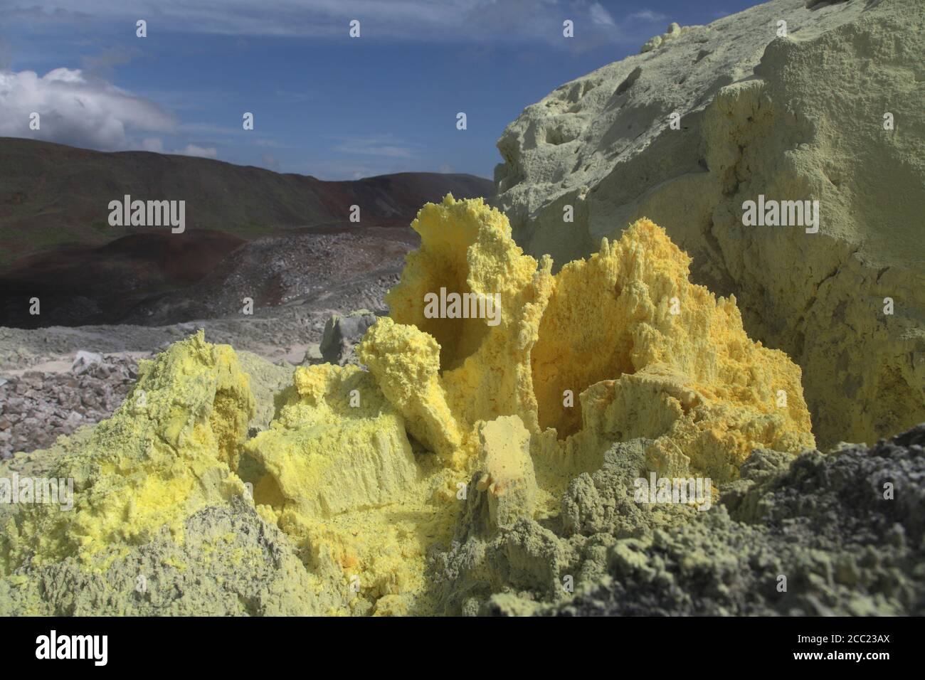 Isole Galapagos, Isabela, vulcano Sierra Negra, solforico rocce Foto Stock