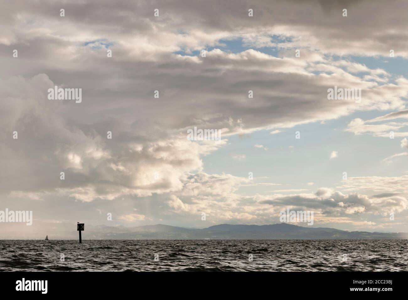 Germania, Nonnenhorn, vista di boa con seagull volare sopra il lago Foto Stock