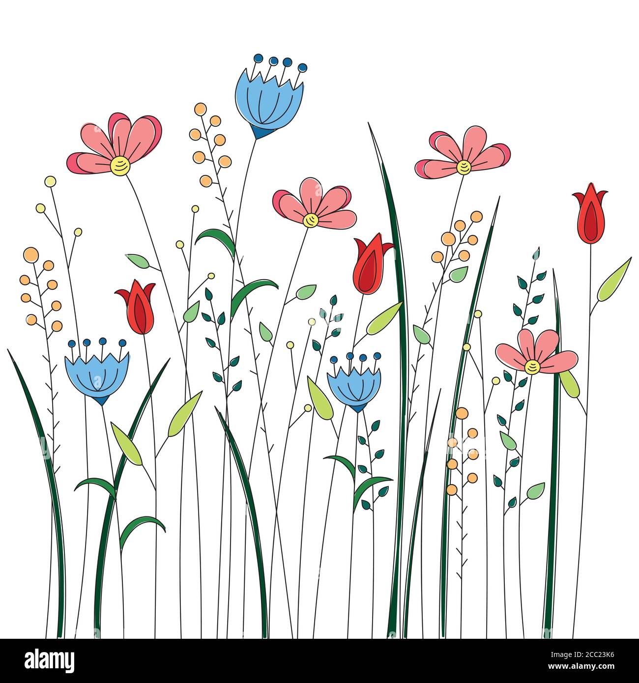 Fiori decorativi, prato di fiori, illustrazione vettoriale. Immagine per una cartolina Illustrazione Vettoriale