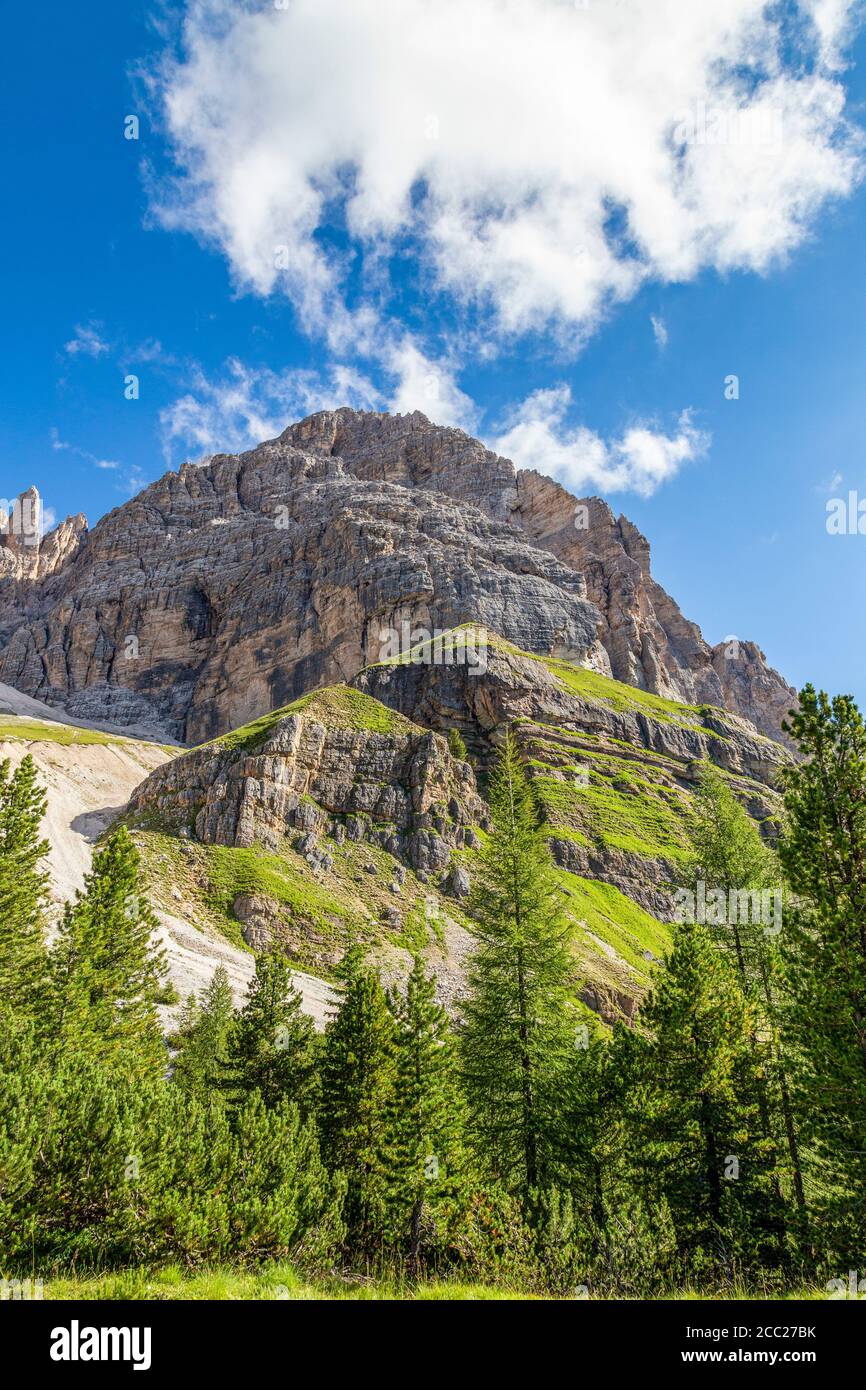 Italia Veneto Dolomiti - il massiccio roccioso di Punta Anna visto dal sentiero che conduce al sentiero Astaldi, forcella Fontananegra Foto Stock