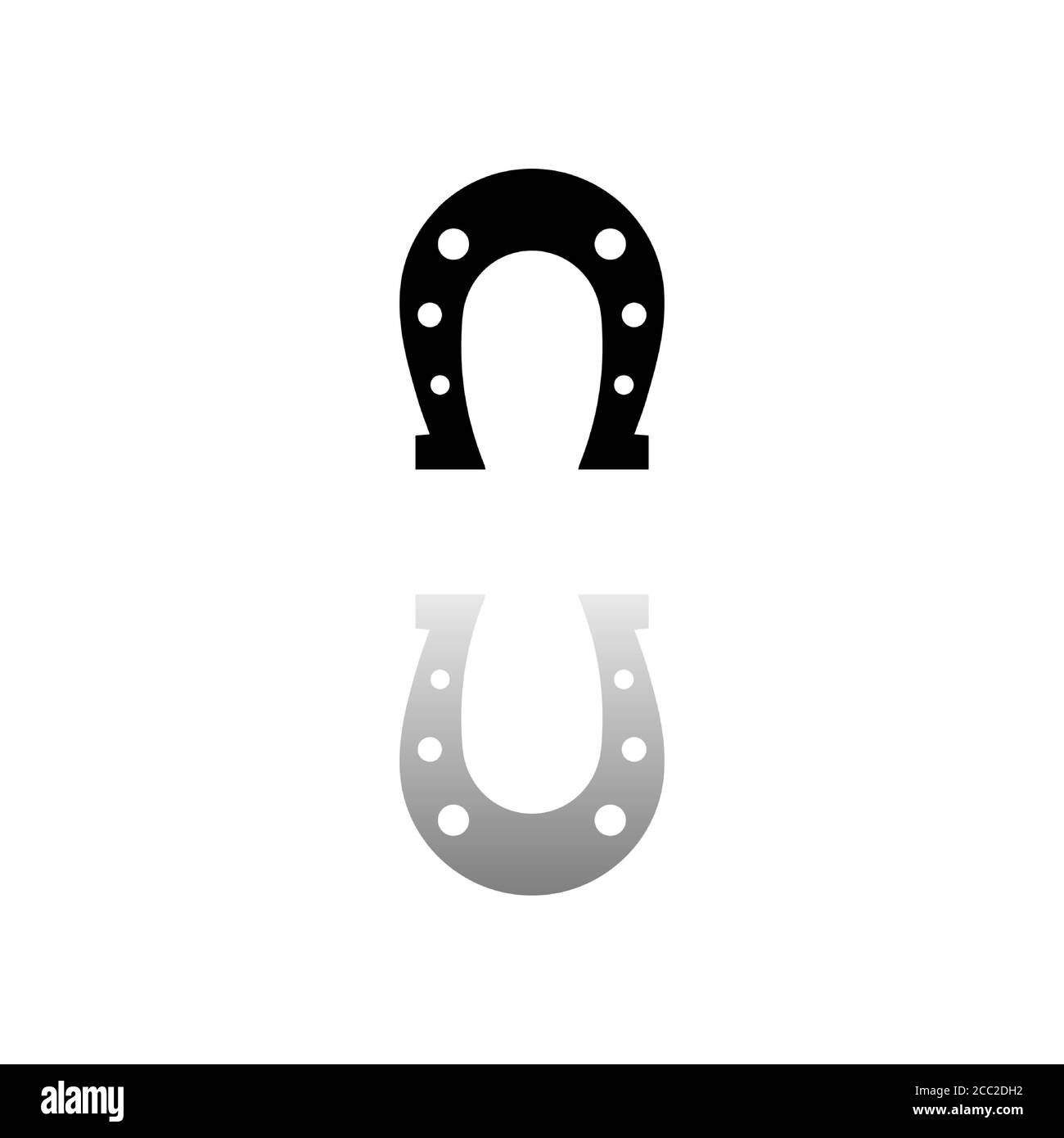 Ferro di cavallo. Simbolo nero su sfondo bianco. Illustrazione semplice. Icona vettore piatto. Specchia ombra di riflessione. Può essere utilizzato in logo, Web, dispositivi mobili e interfaccia utente Illustrazione Vettoriale