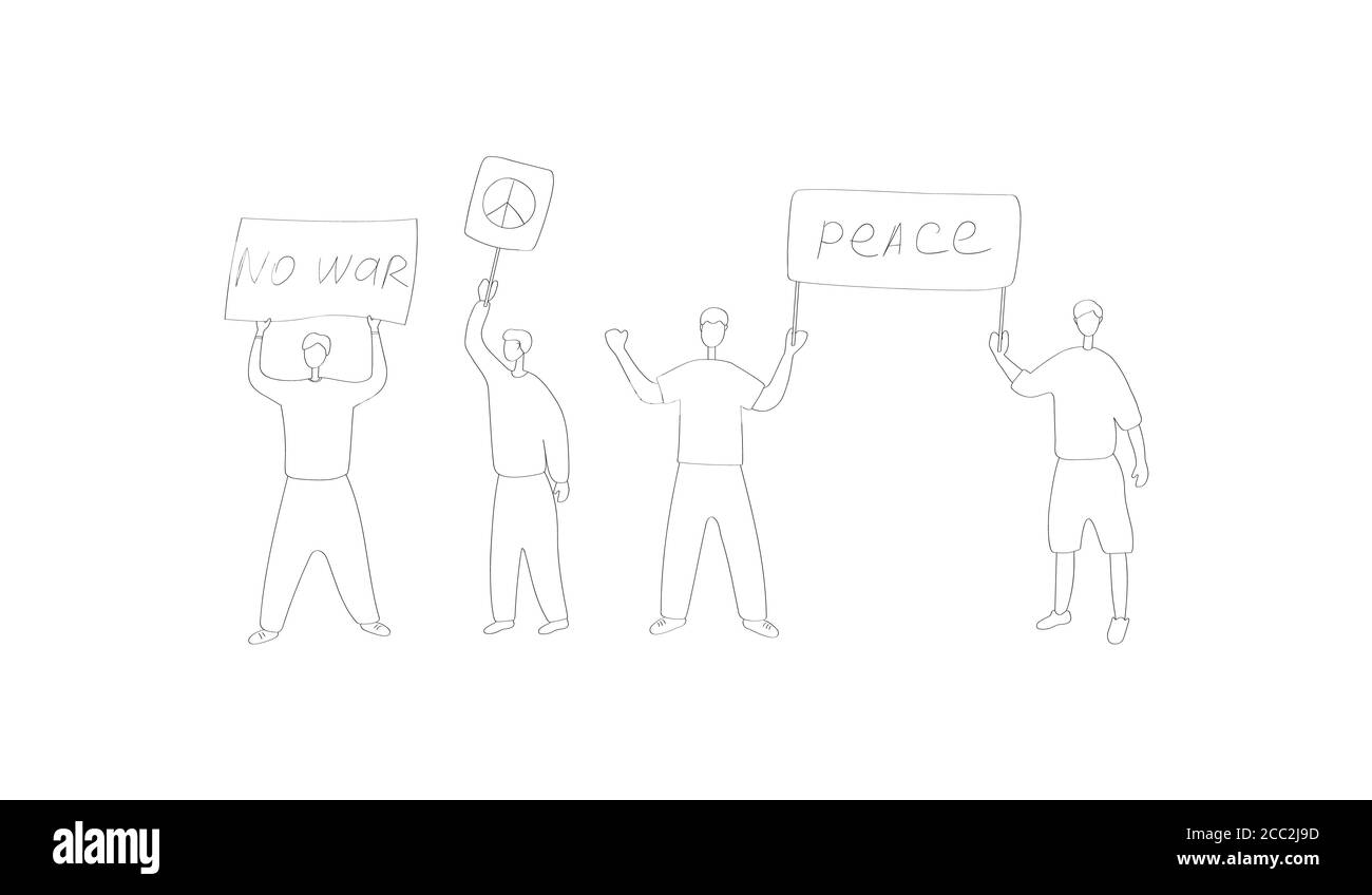 La gente è andata a un incontro pacifico per porre fine alla guerra. Gruppo di persone chiede la pace. Folla di persone con cartelli che protestano contro la violenza. Lineare Illustrazione Vettoriale