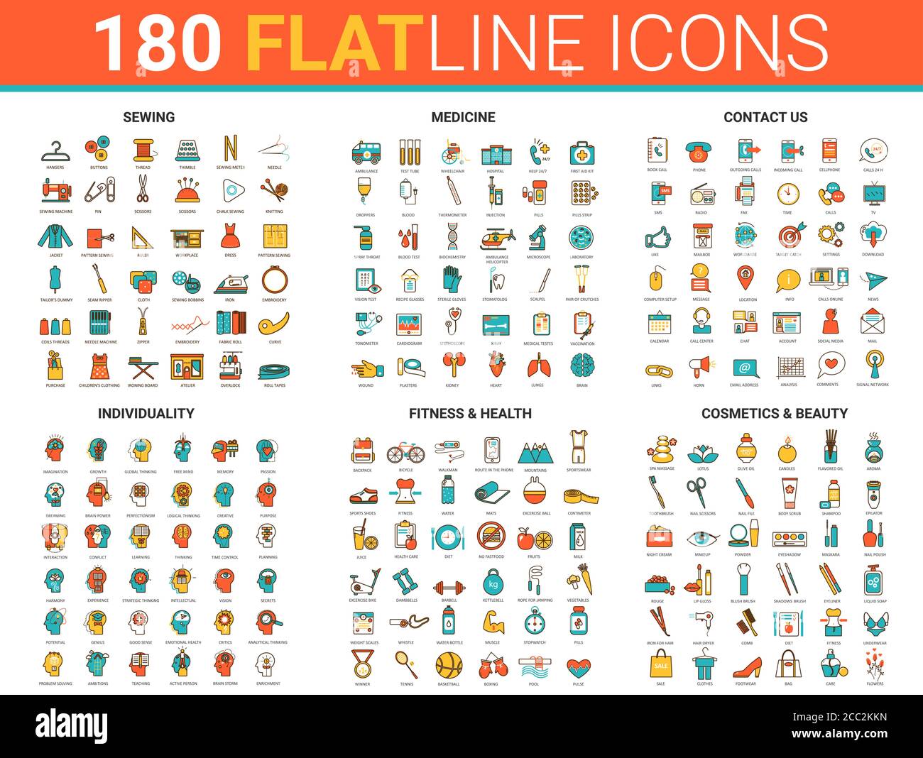 Icone piatte a linea sottile illustrazione vettoriale con articoli da cucire per l'industria tessile, medicina infografica ospedale sanità, bellezza e fitness sport simboli di allenamento, contattaci insieme di comunicazione Illustrazione Vettoriale