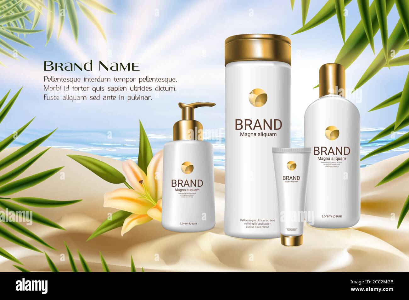 Illustrazione vettoriale della serie Lily Cosmetic Packaging. confezioni 3d realistiche bottiglie in plastica per la cura della pelle del corpo o prodotto di trattamento con fondo tropicale naturale giglio fiore floreale cosmetologia Illustrazione Vettoriale