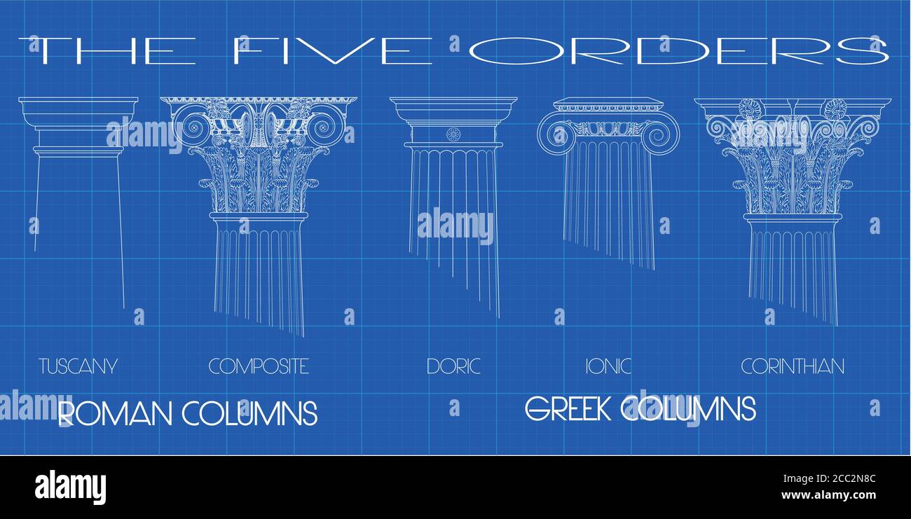 colonne greche e romane dei cinque ordini di tecnic sfondo Illustrazione Vettoriale