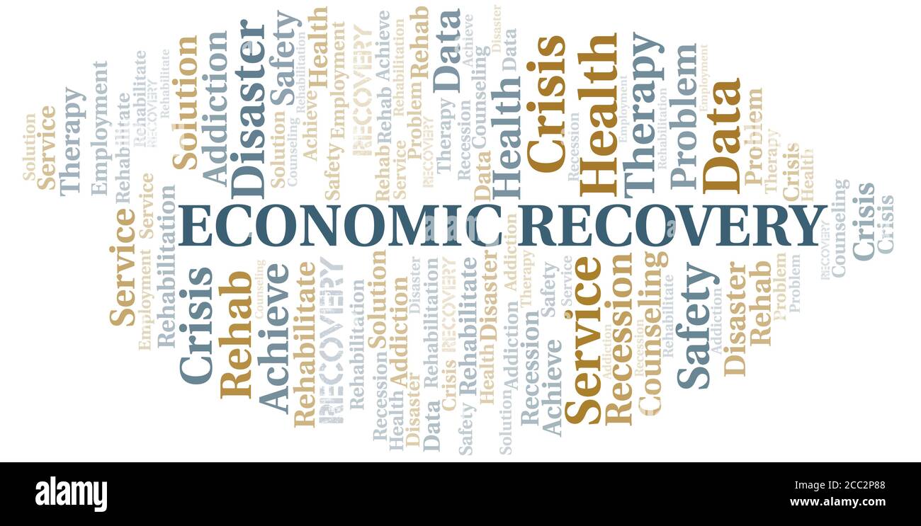Nuvola di parole vettoriale di recupero economico, fatta solo con il testo. Illustrazione Vettoriale