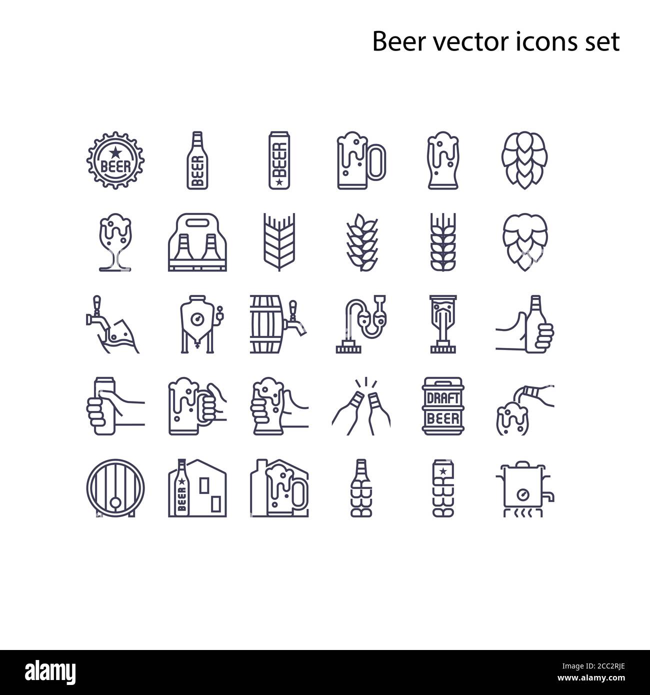 Elemento di base delle icone vettoriali della birra set.contiene una bottiglia, una lattina, un segno di luppolo, orzo e grano, serbatoio di fermentazione, caldaia, barile di birra alla spina, processo di birra, un Illustrazione Vettoriale