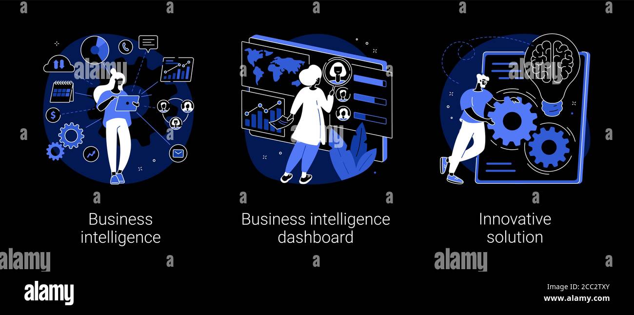 Illustrazioni vettoriali astratte sugli strumenti di performance e sulle soluzioni software. Illustrazione Vettoriale