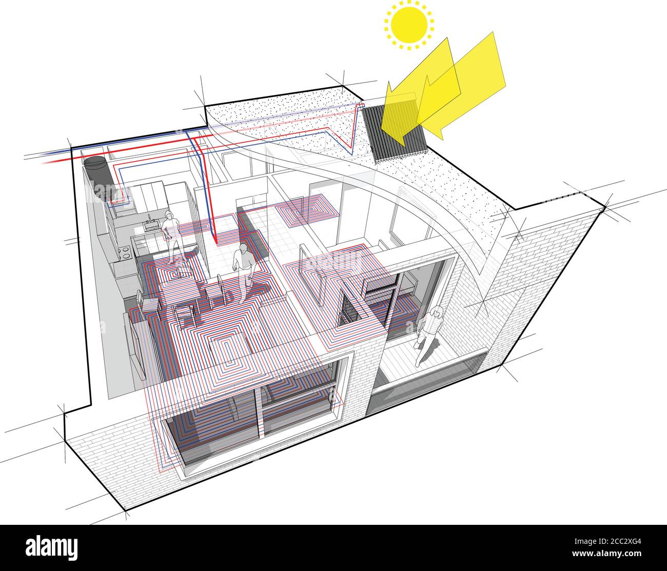 appartamento con riscaldamento a pavimento con acqua calda e riscaldamento centralizzato come fonte di energia di riscaldamento con acqua solare supplementare riscaldatore Illustrazione Vettoriale