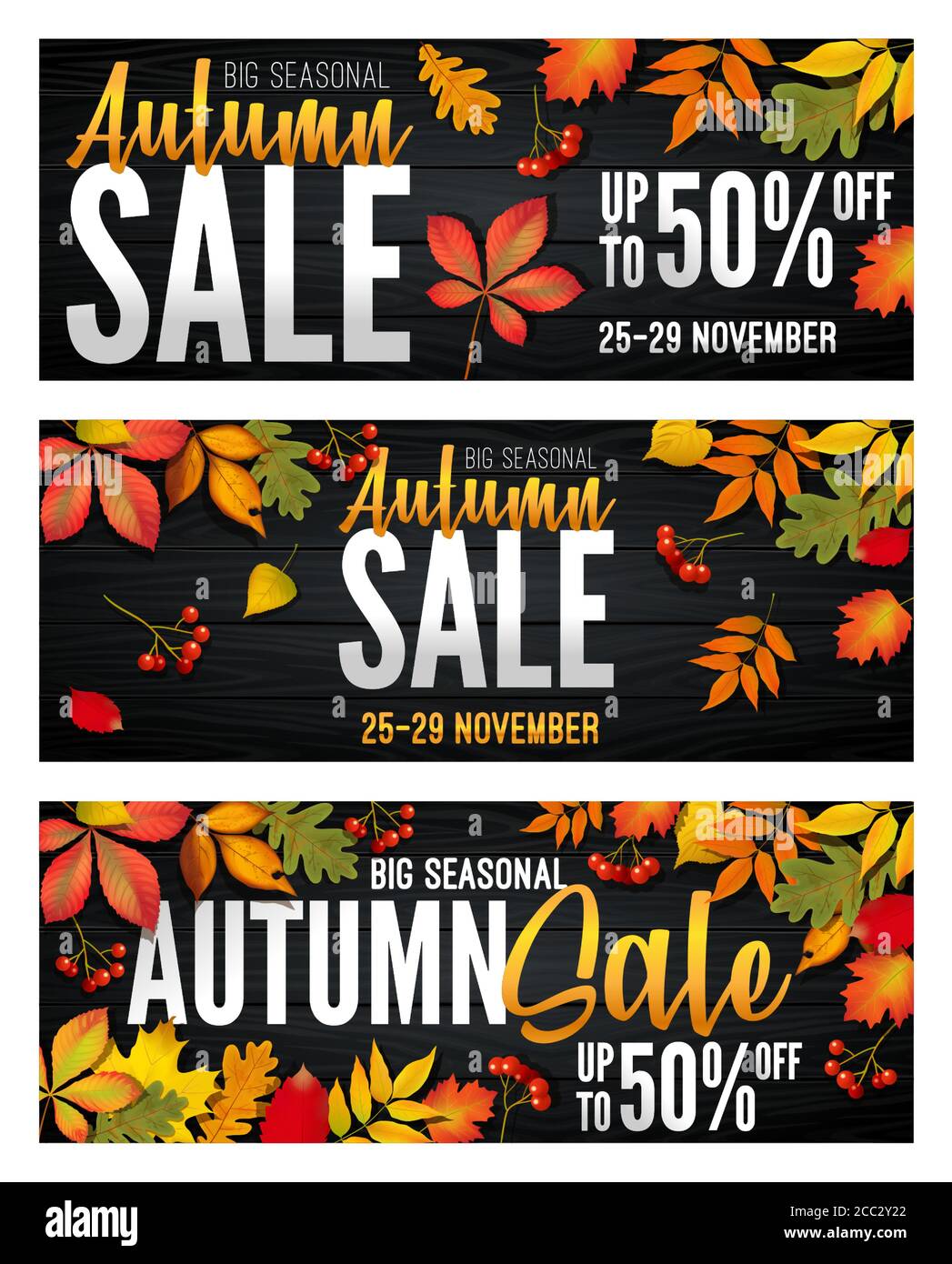 Banner pubblicitari Set - Vendita autunnale a fine stagione con foglie di autunno brillanti. Invito allo shopping con il 50% di sconto. Stile alla moda, nero Illustrazione Vettoriale