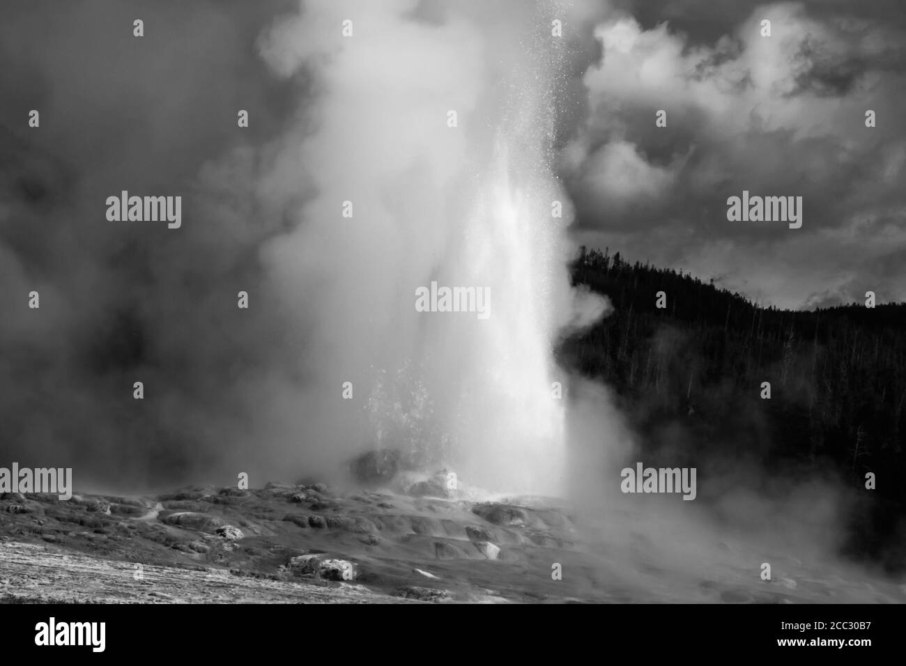 Geyser Old Faithful in bianco e nero Foto Stock