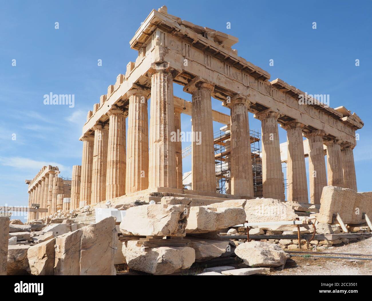 Un'immagine messa a fuoco del Partenone sull'Acropoli Di Atene Grecia Foto Stock