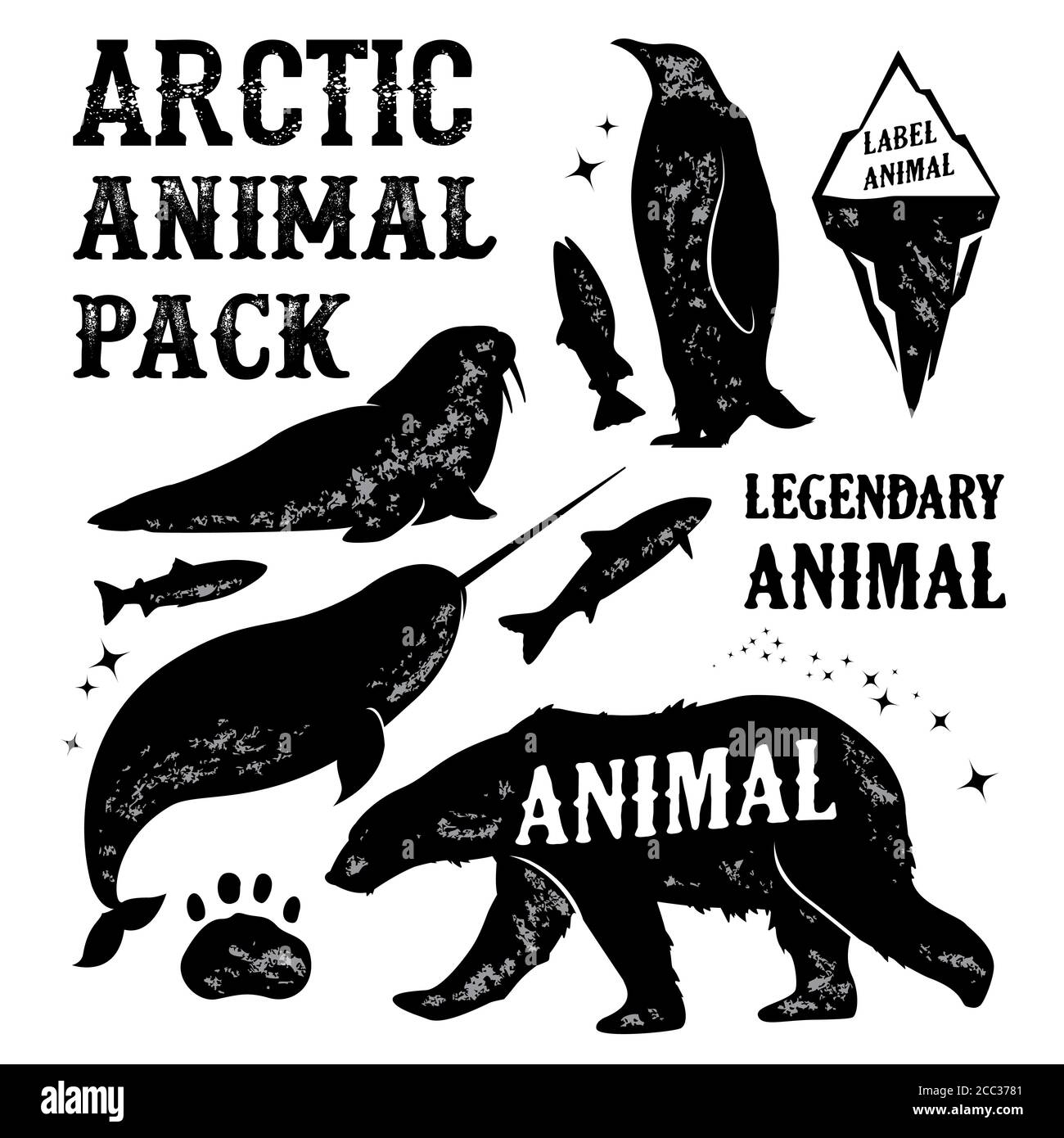 Imposta le etichette, i badge delle sagome degli animali artici. Elemento grafico, emblema, logo del design vettoriale retrò Illustrazione Vettoriale