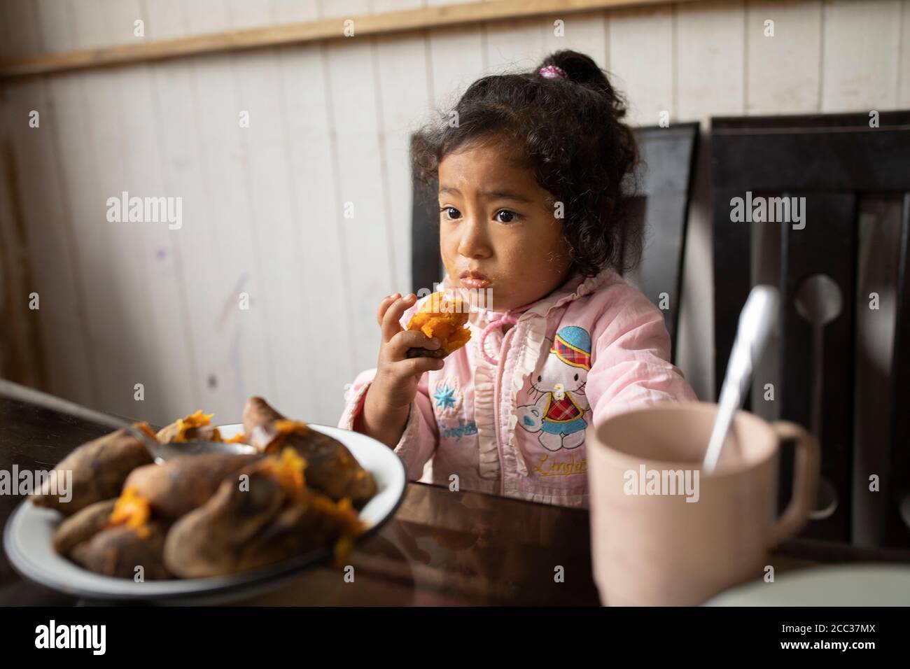 Una bambina di tre anni mangia patate dolci per la prima colazione a casa sua nel distretto di Pachamac, Perù. Foto Stock