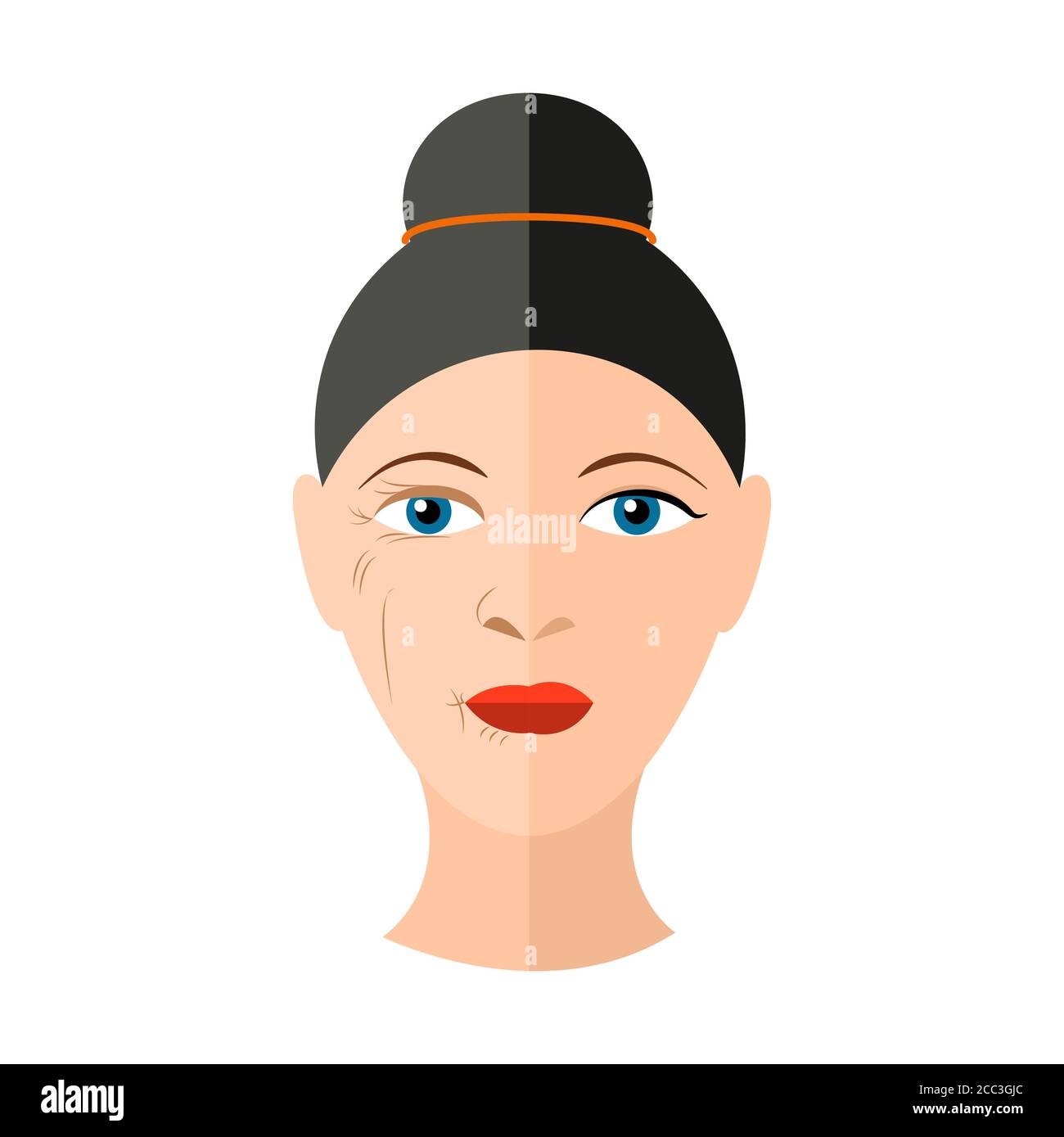 Illustrazione vettoriale prima e dopo il sollevamento della faccia immagine isolata con due metà della faccia femmina con rughe e senza di esse Illustrazione Vettoriale