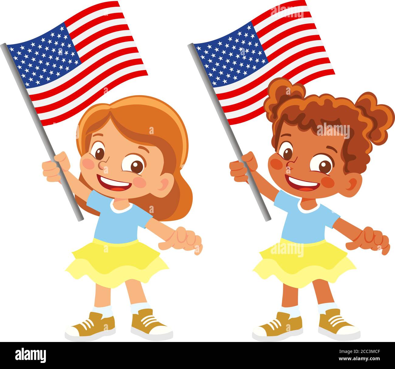 Bandiera degli Stati Uniti d'America in mano. Bambini con bandiera. Bandiera nazionale degli Stati Uniti d'America vettore Illustrazione Vettoriale