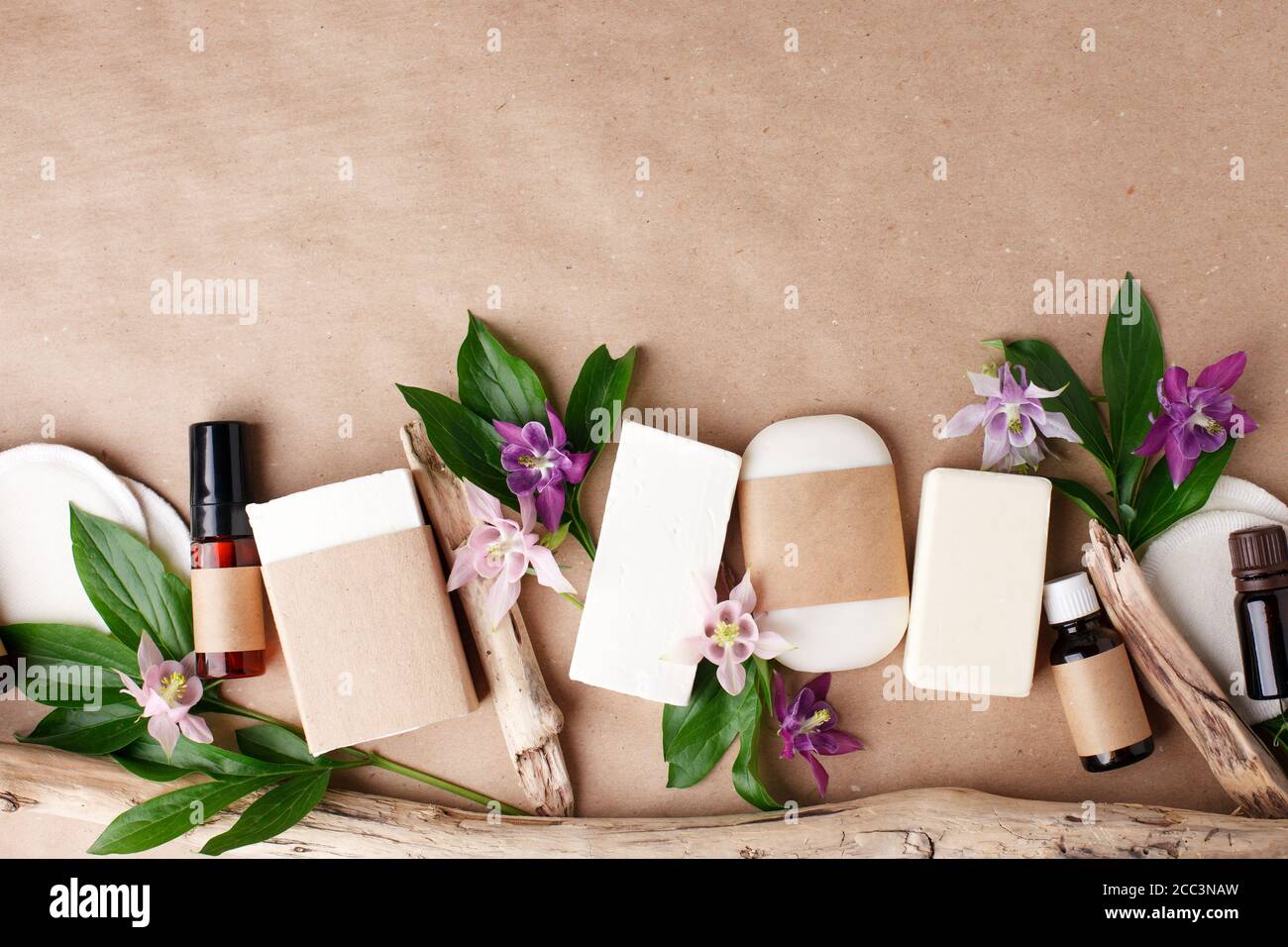 Confezionamento cosmetico naturale biologico per la cura della pelle mock up con foglie e fiori, eco-friendly bio scienza bellezza concetto. Bottiglia per marcare a caldo ed etichettare, w Foto Stock