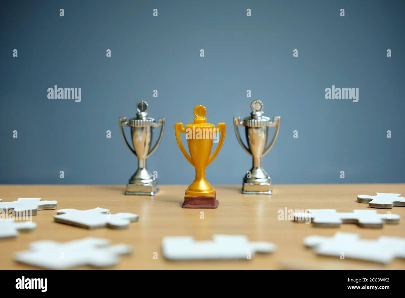 Trofeo oro e argento si trova davanti a puzzle Foto Stock