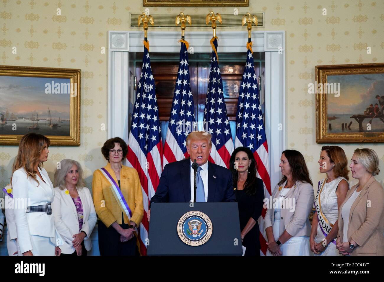 Washington, Stati Uniti. 18 agosto 2020. Il presidente Donald Trump partecipa a un evento in onore del centesimo anniversario della ratifica del diciannovesimo emendamento nella Sala Blu della Casa Bianca a Washington, DC, il 18 agosto 2020. Quest'anno ricorre il centesimo anniversario del diciannovesimo emendamento negli Stati Uniti, che garantiva alle donne americane il diritto di voto. Foto in piscina di Anna Moneymaker/UPI Credit: UPI/Alamy Live News Foto Stock