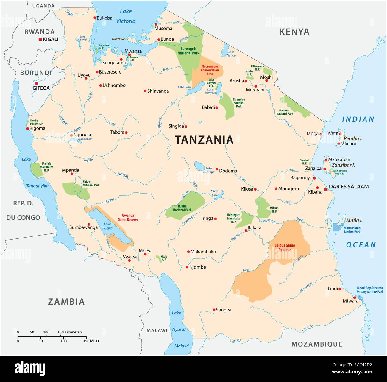 Mappa vettoriale del parco nazionale dello stato dell'Africa orientale Tanzania Illustrazione Vettoriale