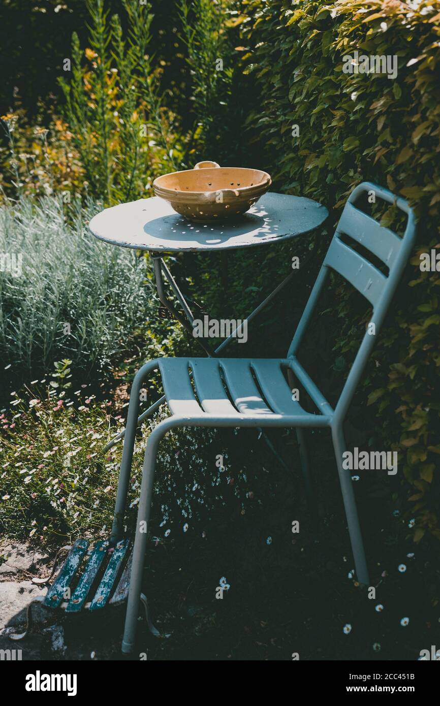 Sedia e tavolo in ferro da stiro in giardino soleggiato. Foto di alta qualità Foto Stock