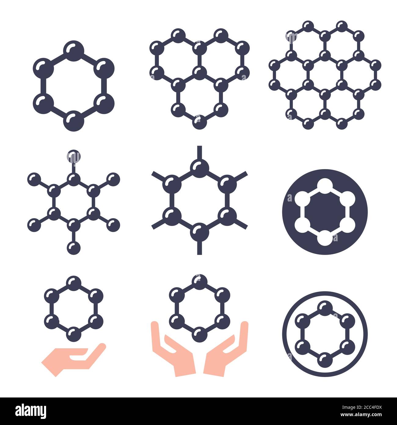 Struttura grafica del carbone insieme di icone vettoriali di colore - concetto scientifico, atomi Illustrazione Vettoriale