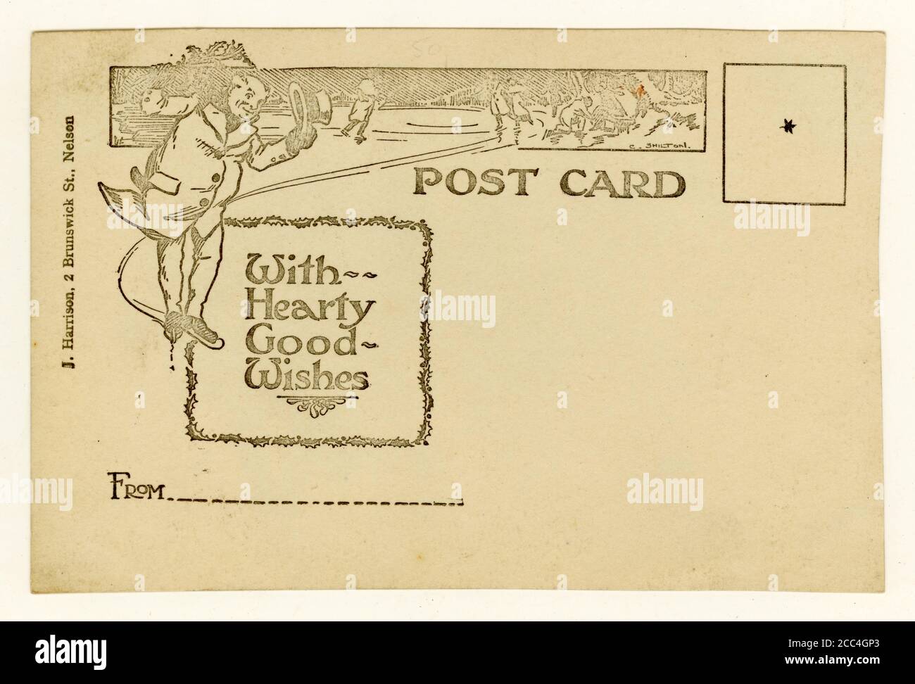 Retro della cartolina dei primi del 1900 con saluti di Natale, 'con buoni auguri abbondanti' circa 1921, Inghilterra, U.K. Foto Stock