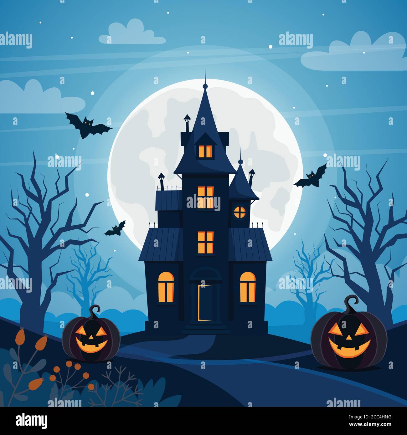 Sfondo di Halloween con casa infestata, luna piena, zucche e alberi Illustrazione Vettoriale