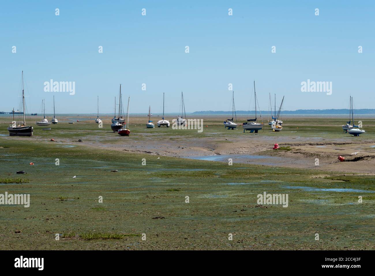 Persone e yacht fuori sulle case di fango a Leigh on Sea, Essex, Regno Unito. A bassa marea il mare si ritirano molto lontano e la gente esce. Montanti Foto Stock