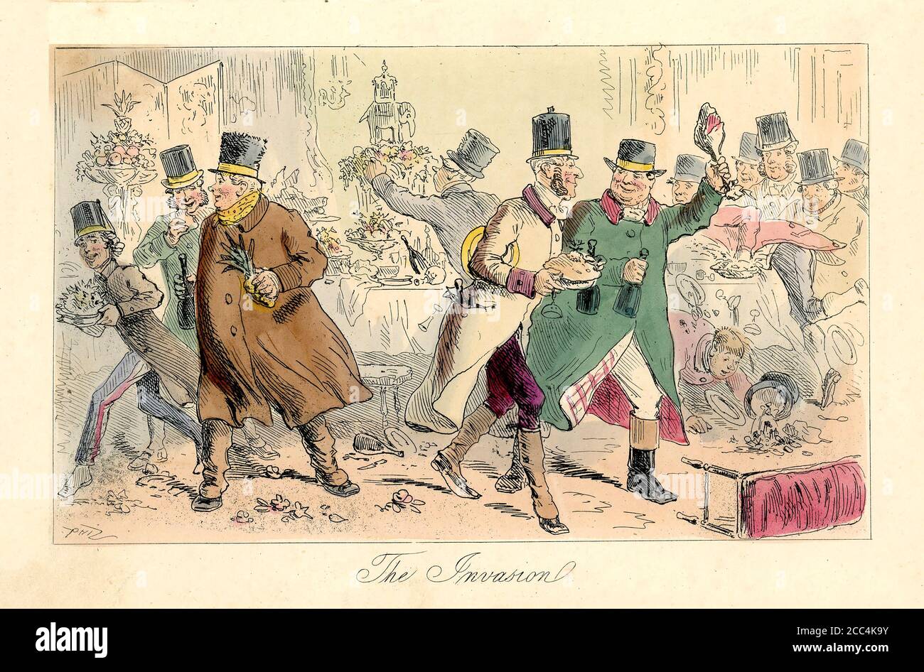 "The Invasion" - illustrazione colorata a mano di Hablot Knight Browne (Phiz) dal Sig. Facey Romford's Hounds di Robert Smith Surtees [Bradbury and Evans, Londra, 1865] Foto Stock