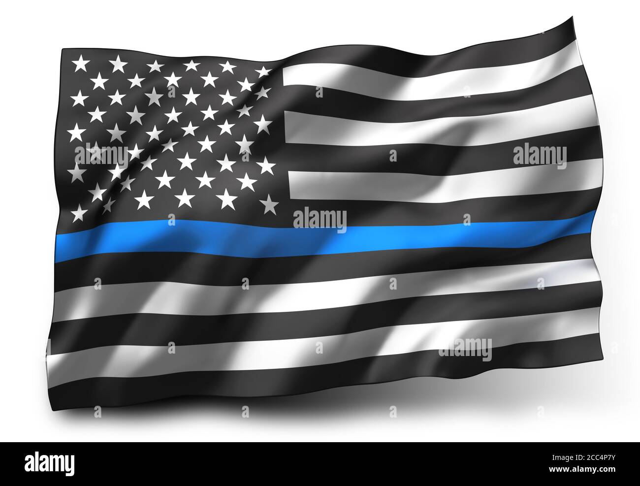 Bandiera nera della materia delle vite, con una striscia di bue, che soffia nel vento. Bandiera a strisce bianche e nere degli Stati Uniti, isolata su sfondo bianco. Illustrazione 3D Foto Stock