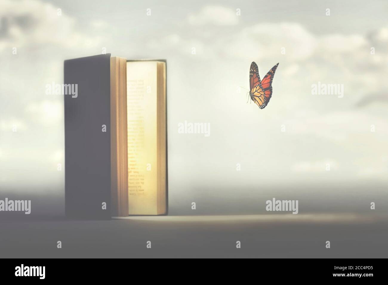 momento surreale di una farfalla che entra nelle pagine di a. prenota Foto Stock