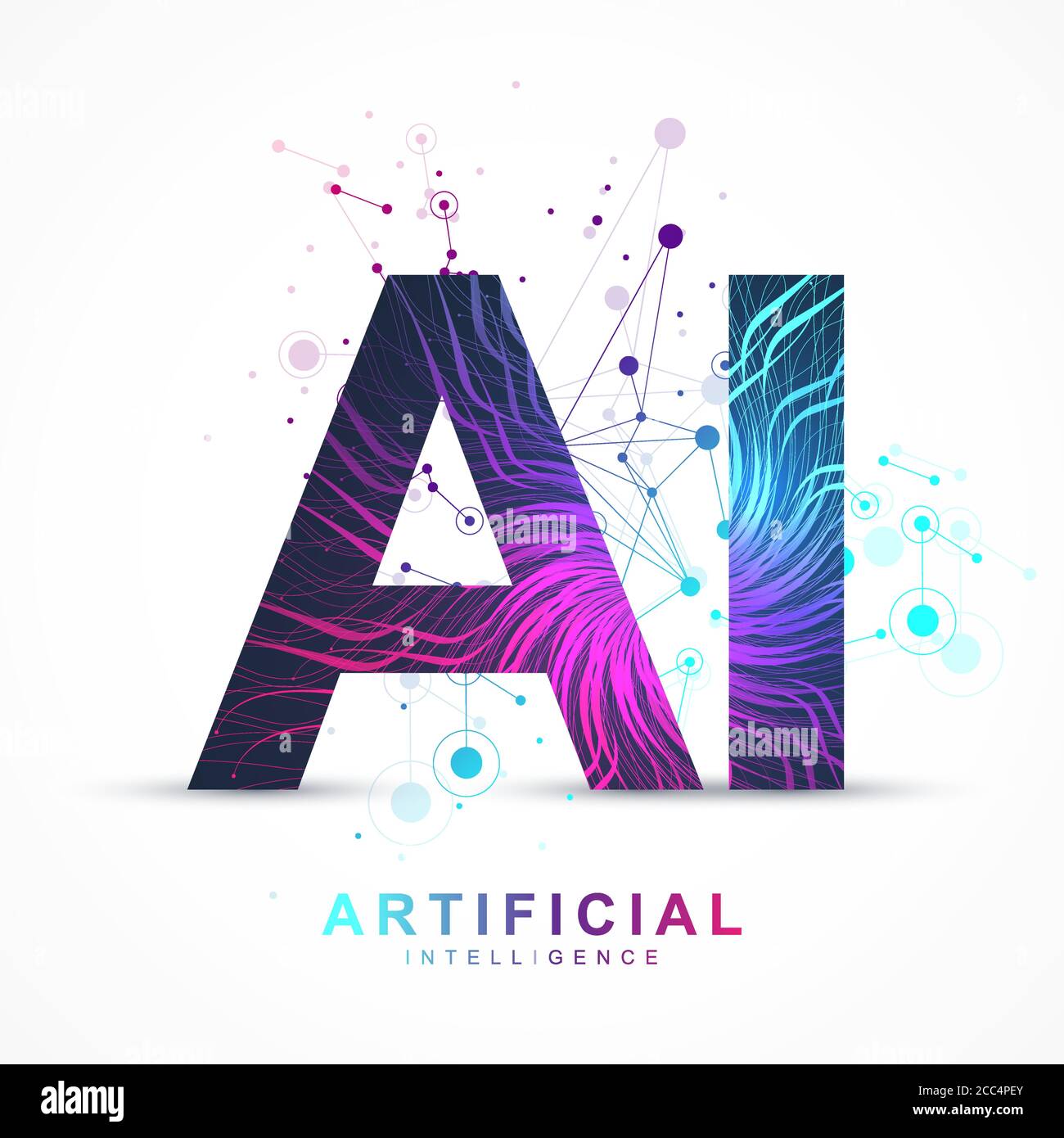 Intelligenza artificiale e concetto di vettore di apprendimento automatico in rete neurale. Ai Web Banner Design con il volto umano. Comunicazione flusso onda. Digitale Illustrazione Vettoriale