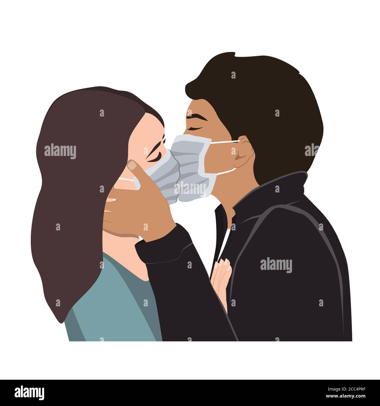 Una coppia romantica di uomini e donne che si baciano in maschere mediche protettive. Corona Virus diffusione prevenzione, amore vietato concetto Illustrazione Vettoriale