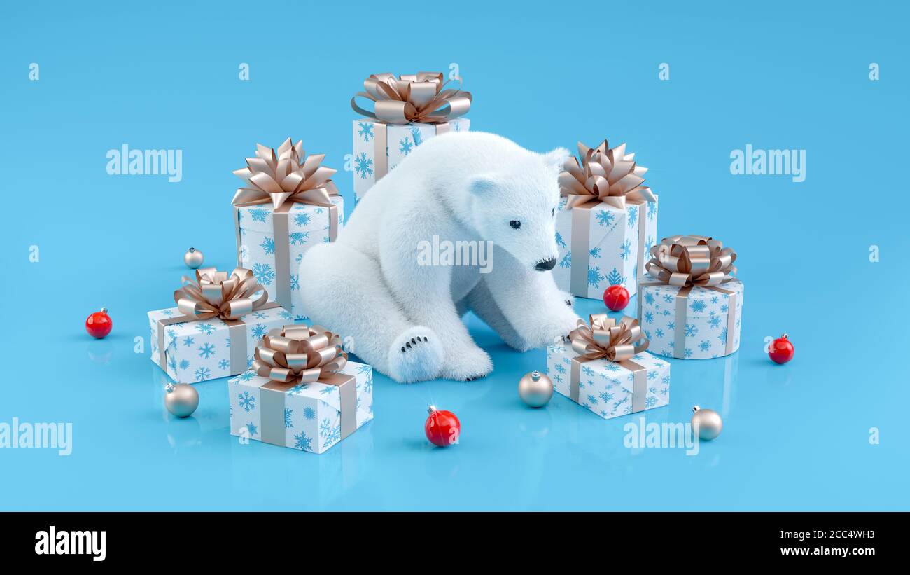 Carino orso polare con scatole regalo di Natale su sfondo blu. Buon Natale e felice anno nuovo Card. Illustrazione 3D. Foto Stock