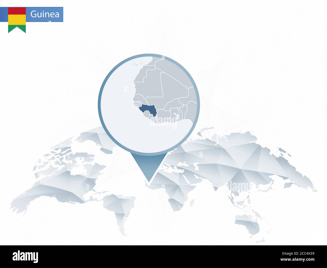 Mappa del mondo arrotondata astratta con mappa dettagliata della Guinea. Illustrazione vettoriale. Illustrazione Vettoriale