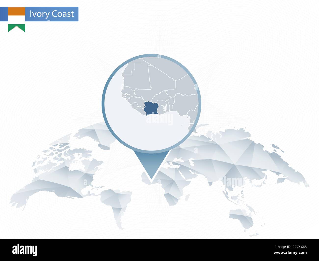 Mappa del mondo arrotondata astratta con mappa dettagliata della Costa d'Avorio. Illustrazione vettoriale. Illustrazione Vettoriale