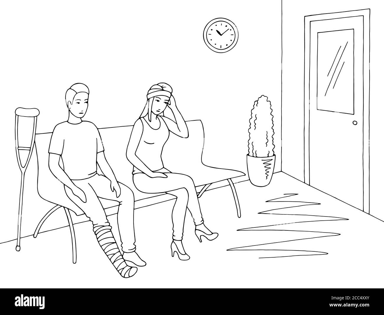 Persone che si siedono e aspettano in coda presso la clinica grafico di corridoio grafico di illustrazione dello schizzo interno bianco nero vettore Illustrazione Vettoriale