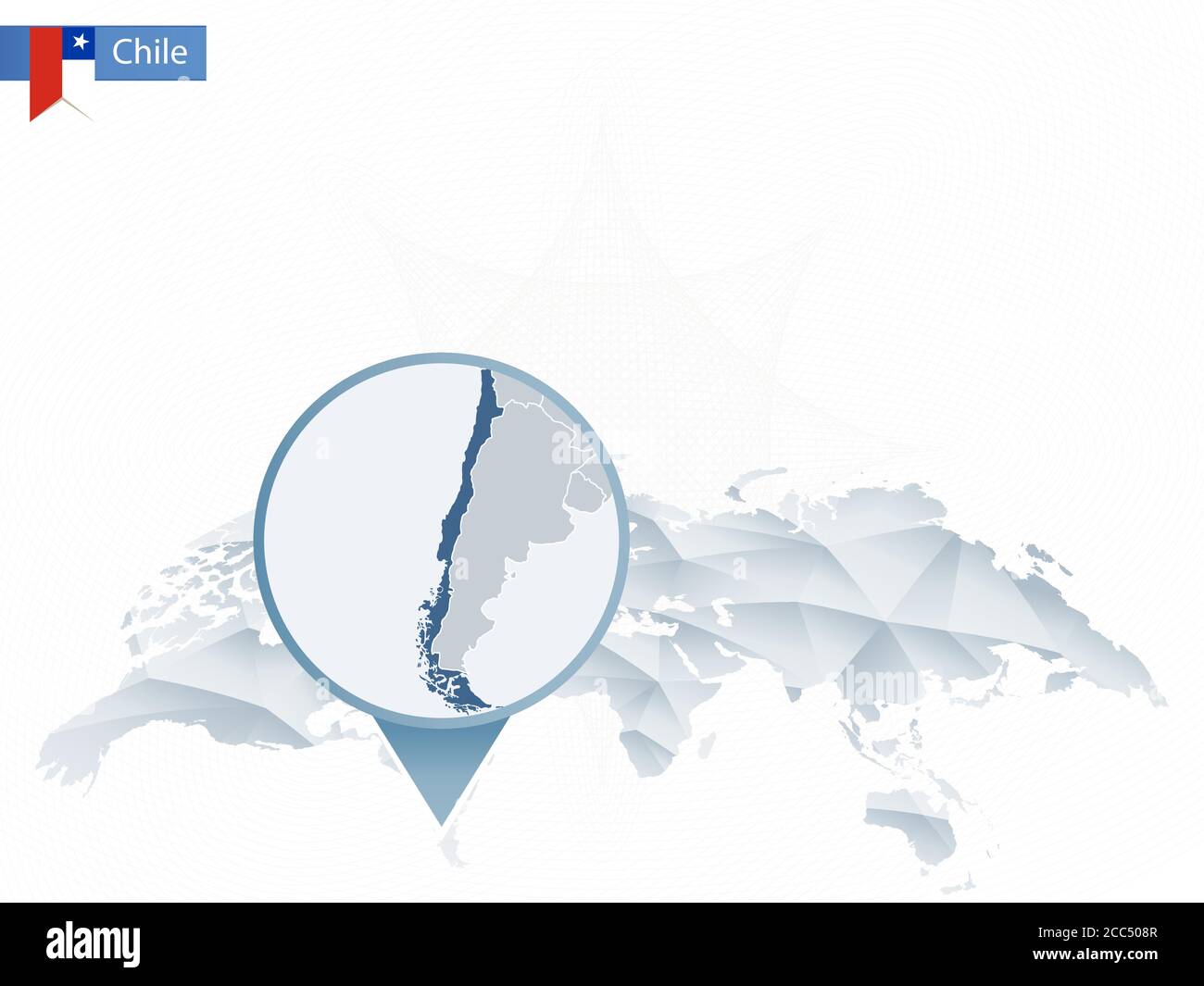 Mappa del mondo arrotondata astratta con mappa dettagliata del Cile. Illustrazione vettoriale. Illustrazione Vettoriale