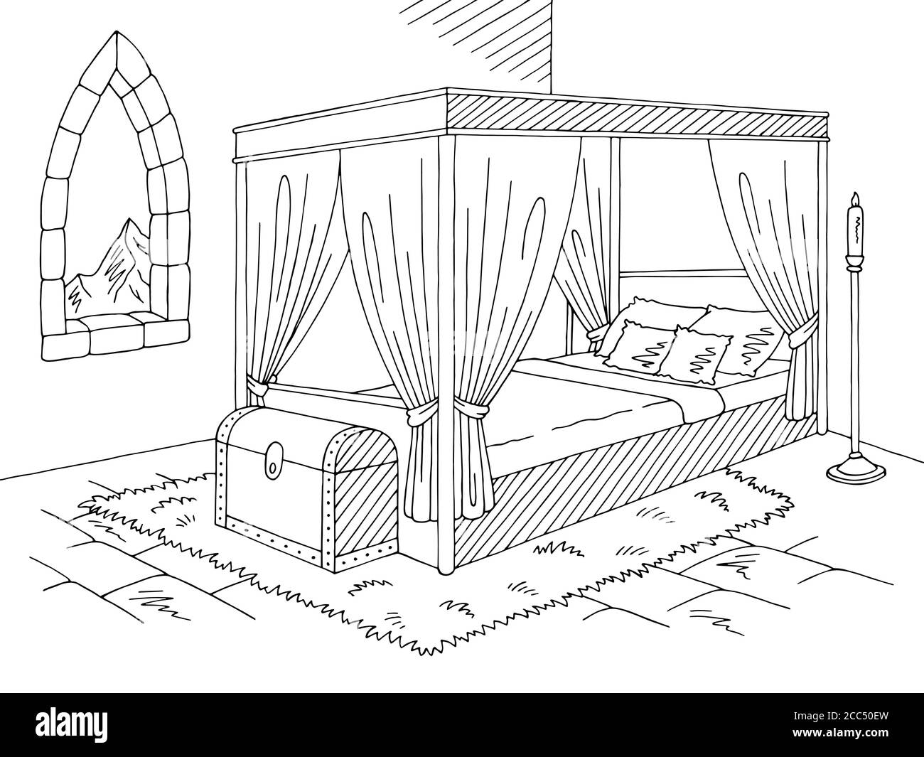 Castello interno camera da letto grafica nero bianco medievale schizzo illustrazione vettore Illustrazione Vettoriale