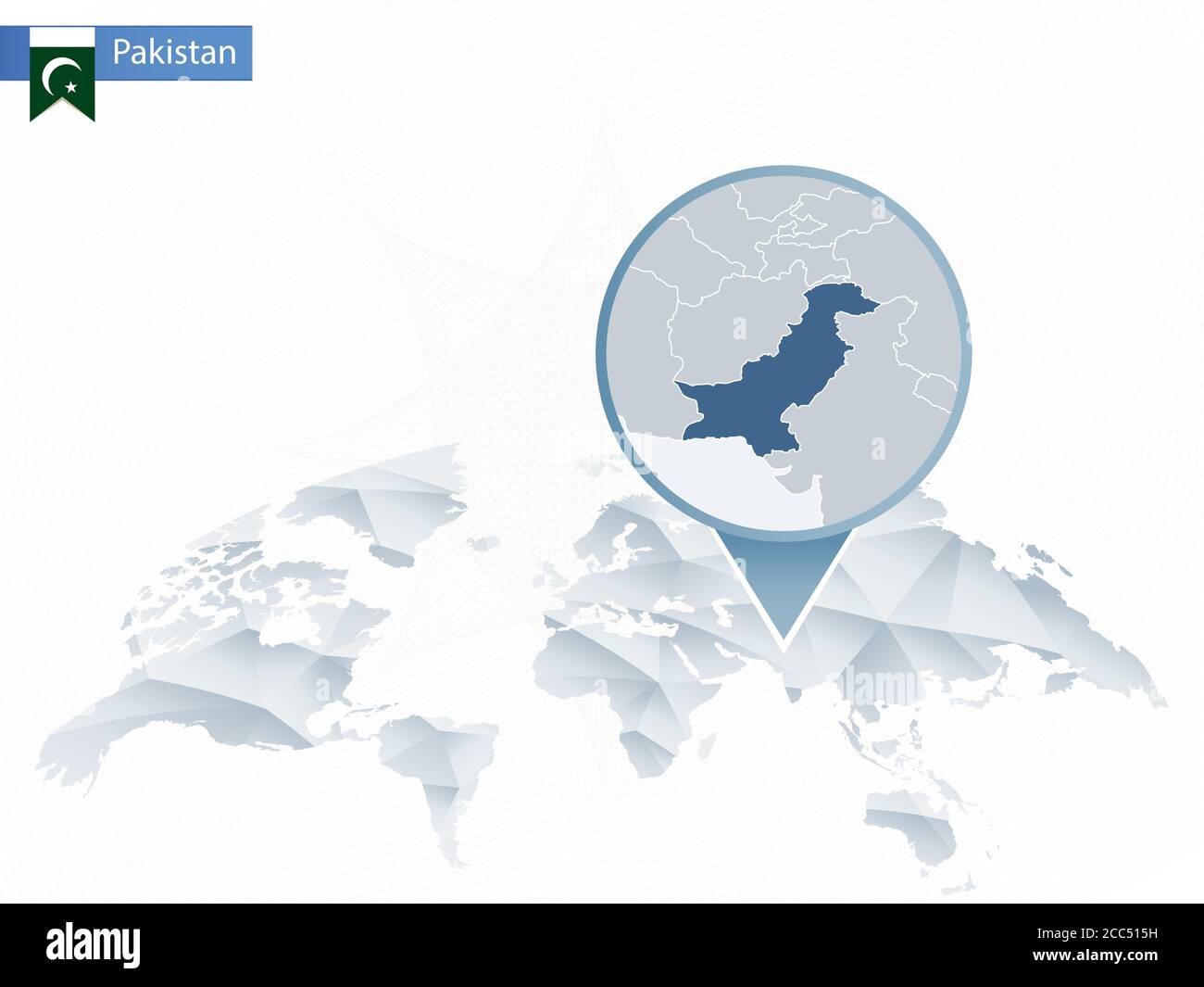 Mappa del mondo arrotondata astratta con mappa dettagliata del Pakistan. Mappa e bandiera del Pakistan. Illustrazione vettoriale. Illustrazione Vettoriale