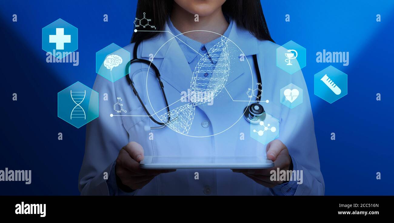 Genetica medica. Femmina medico che tiene computer tablet con elica DNA e altre icone mediche sopra lo schermo, collage Foto Stock
