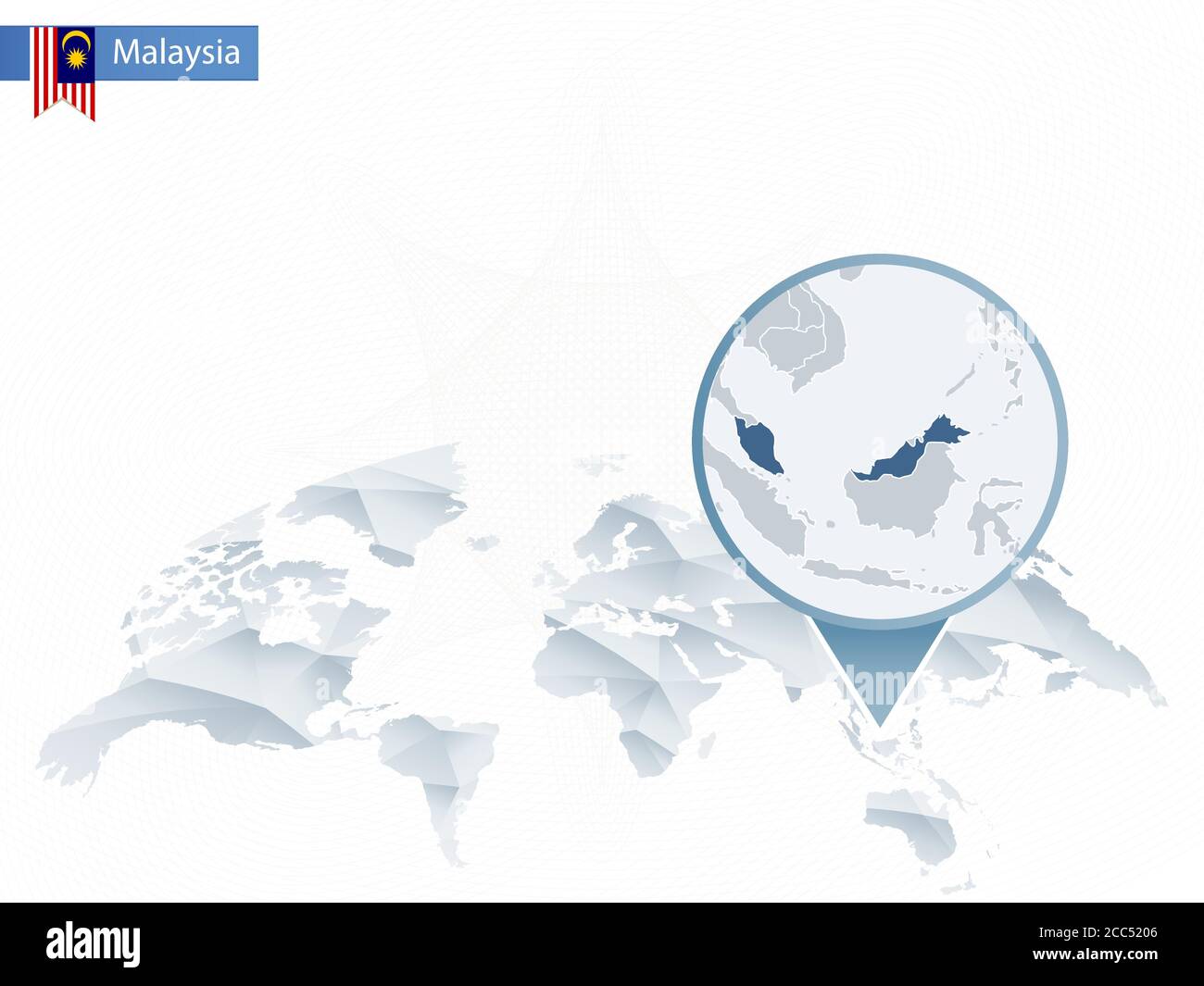 Mappa del mondo arrotondata astratta con mappa dettagliata della Malesia. Illustrazione vettoriale. Illustrazione Vettoriale