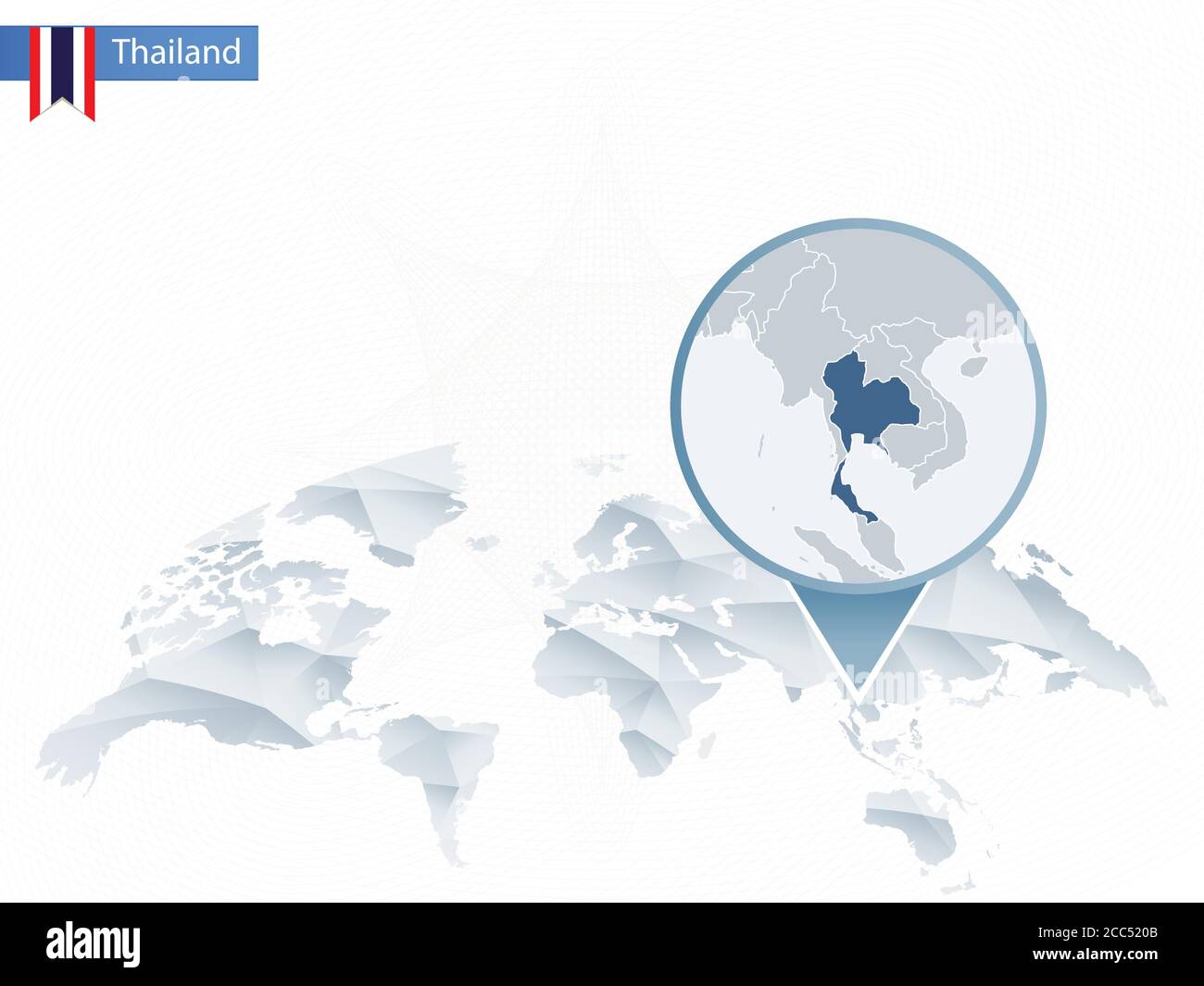 Mappa del mondo arrotondata astratta con mappa dettagliata della Thailandia. Illustrazione vettoriale. Illustrazione Vettoriale