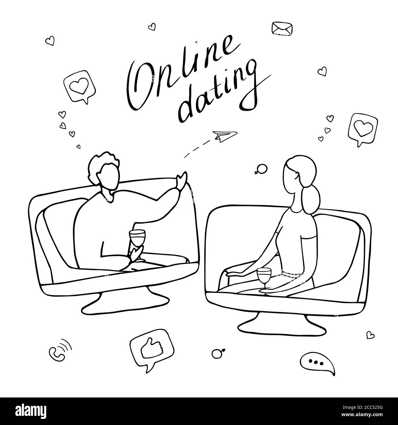 Online dating concetto. Giovane donna e uomo che parlano online. Coppia si è incontrato sul sito di incontri e comunicare su Internet. Relazioni a lunga distanza Illustrazione Vettoriale