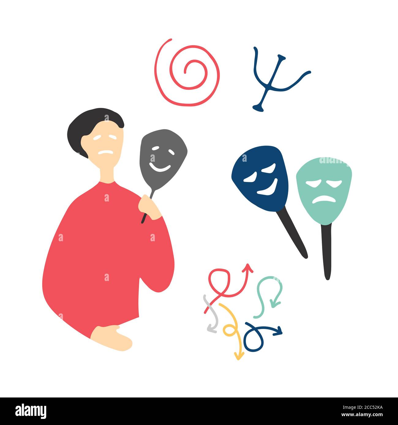 Insieme di icone di psicologia. Grafica a doodle disegnata a mano Illustrazione Vettoriale