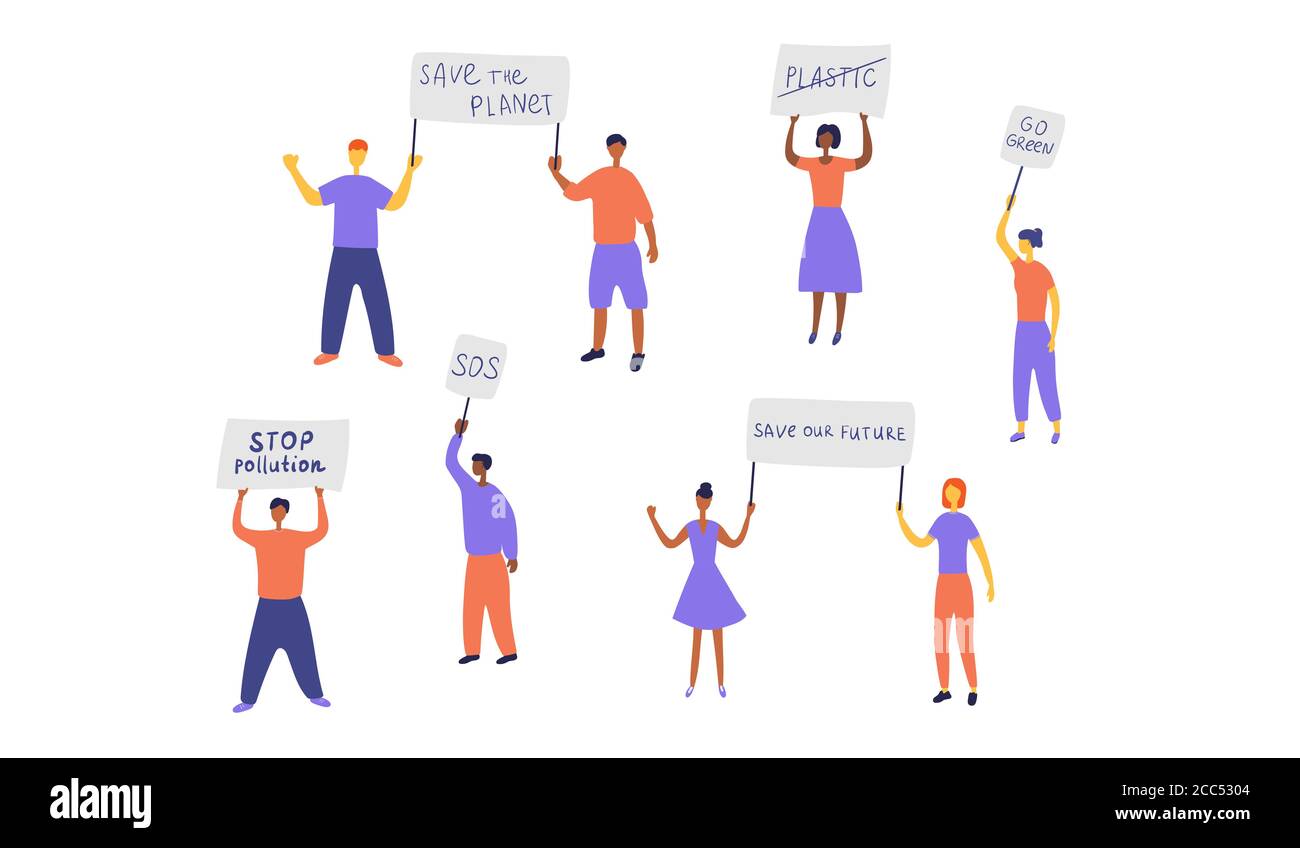 Attivisti ecologici hanno organizzato proteste. Persone che protestano contro l'inquinamento ambientale. Uomini e donne con cartelli sono andati in sciopero. Organizzazione verde Illustrazione Vettoriale