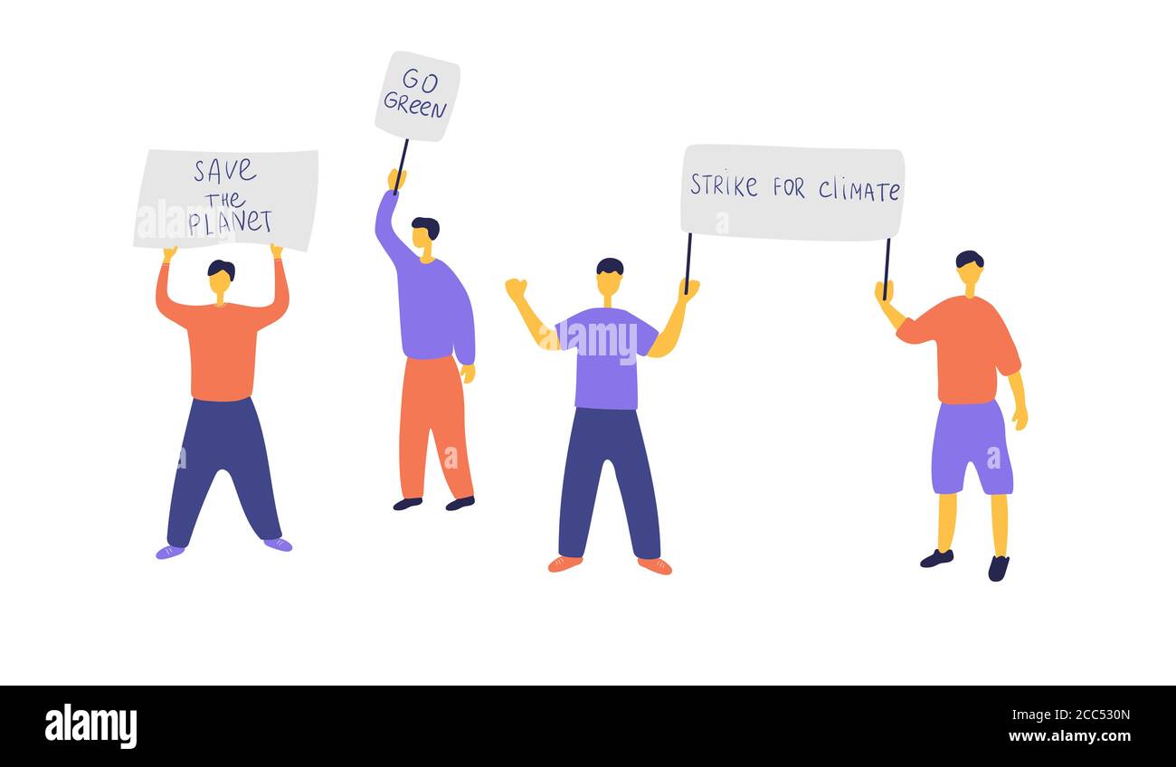 Attivisti ecologici hanno organizzato proteste. Persone che protestano contro l'inquinamento ambientale. Uomini e donne con cartelli sono andati in sciopero. Organizzazione verde Illustrazione Vettoriale